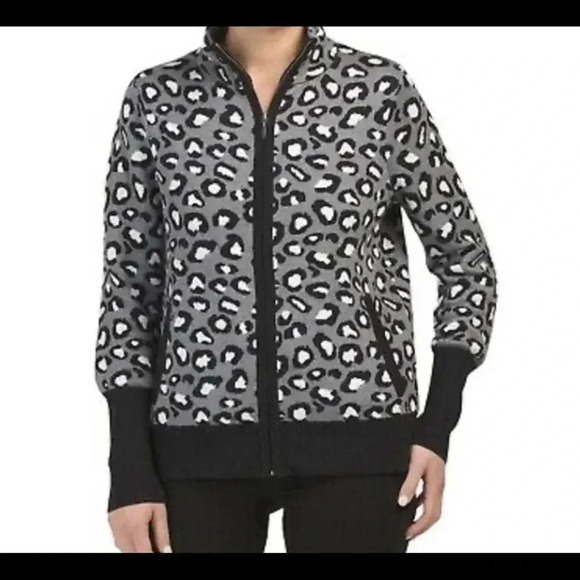 Rachel Zoe zip up black gray leopard print sweater LG - Picture 1 of 6